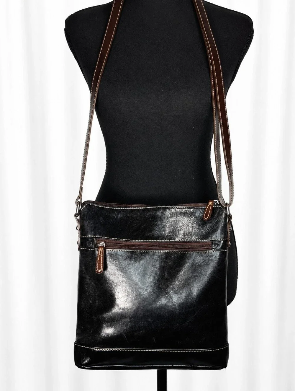 👜 Black Brown Crossbody Messenger Bag Multi Pocket Adjustable Strap Two Tone